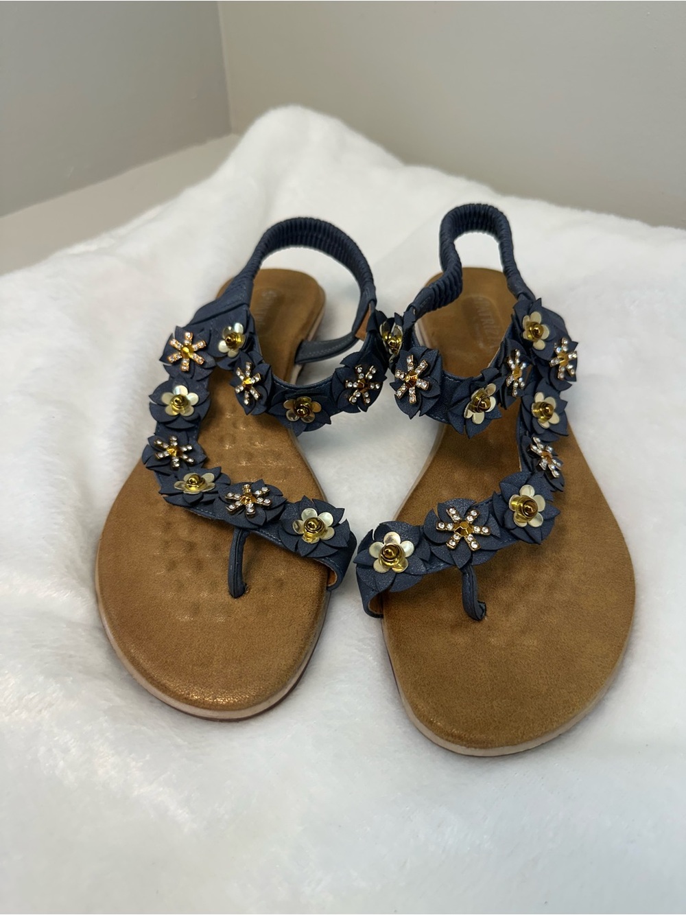 Patrizia Embellished rhinestones gems Navy Floral T-strap Women's Sandals 41